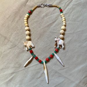 Vintage Ivory/Jade-Coral Elephant necklace. Great condition! 14” long